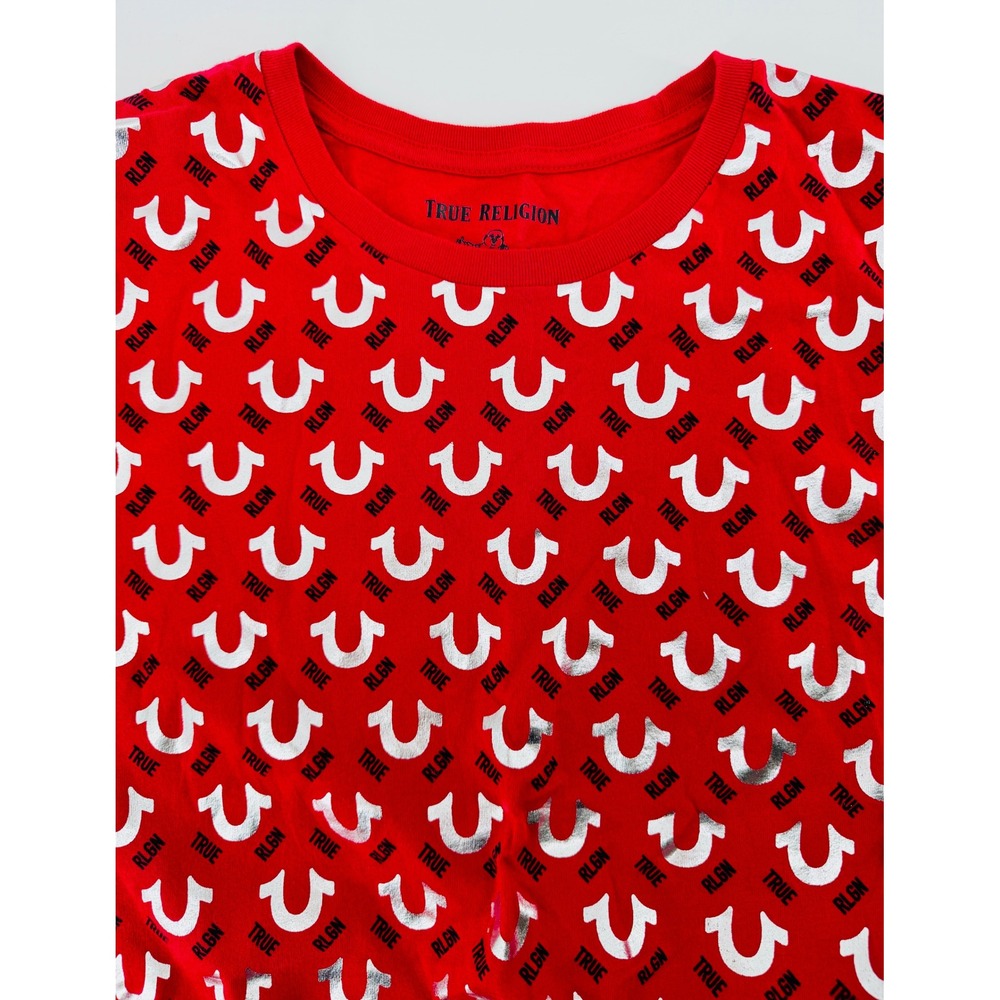 True Religion Mens Red Silver Metallic Horseshoe Logo All Over Print T-Shirt L‎